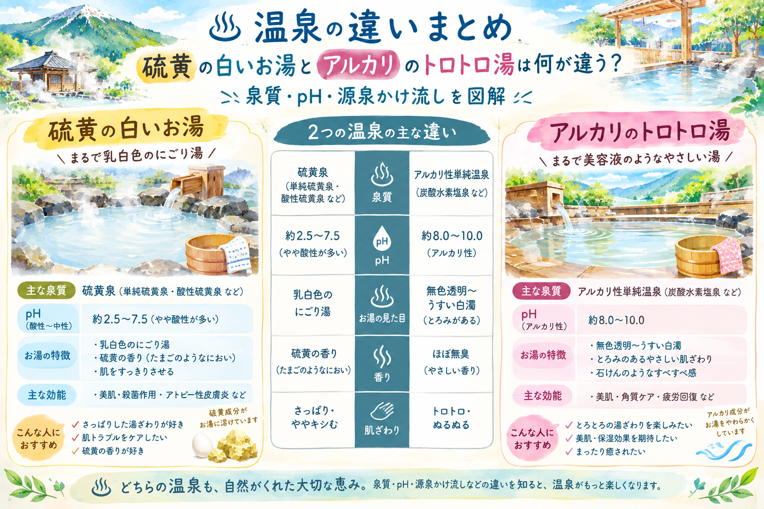 硫黄泉とアルカリ性温泉の違いを図解する記事のアイキャッチ画像