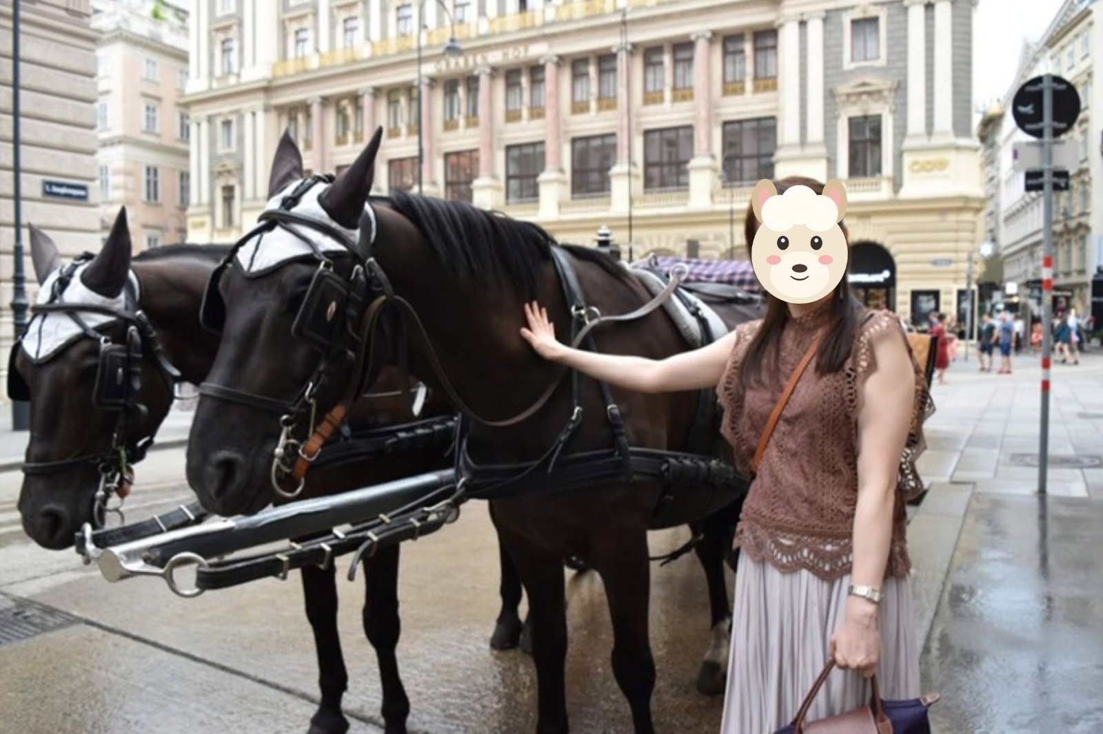 グラーベン通りで馬車の馬に手を添える奥さま