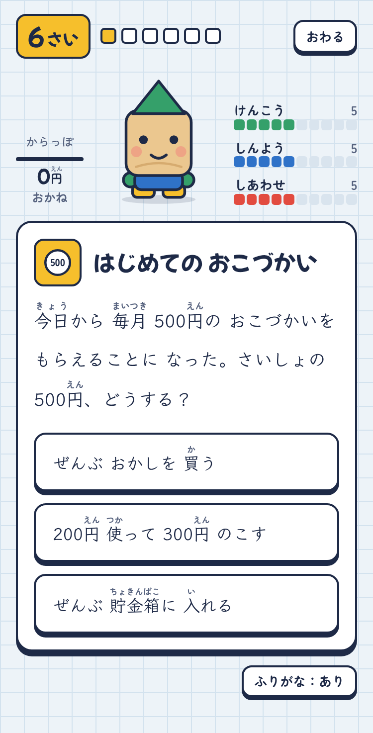 6さいのできごと「はじめての おこづかい」。3つの選択肢から1つを選ぶ画面