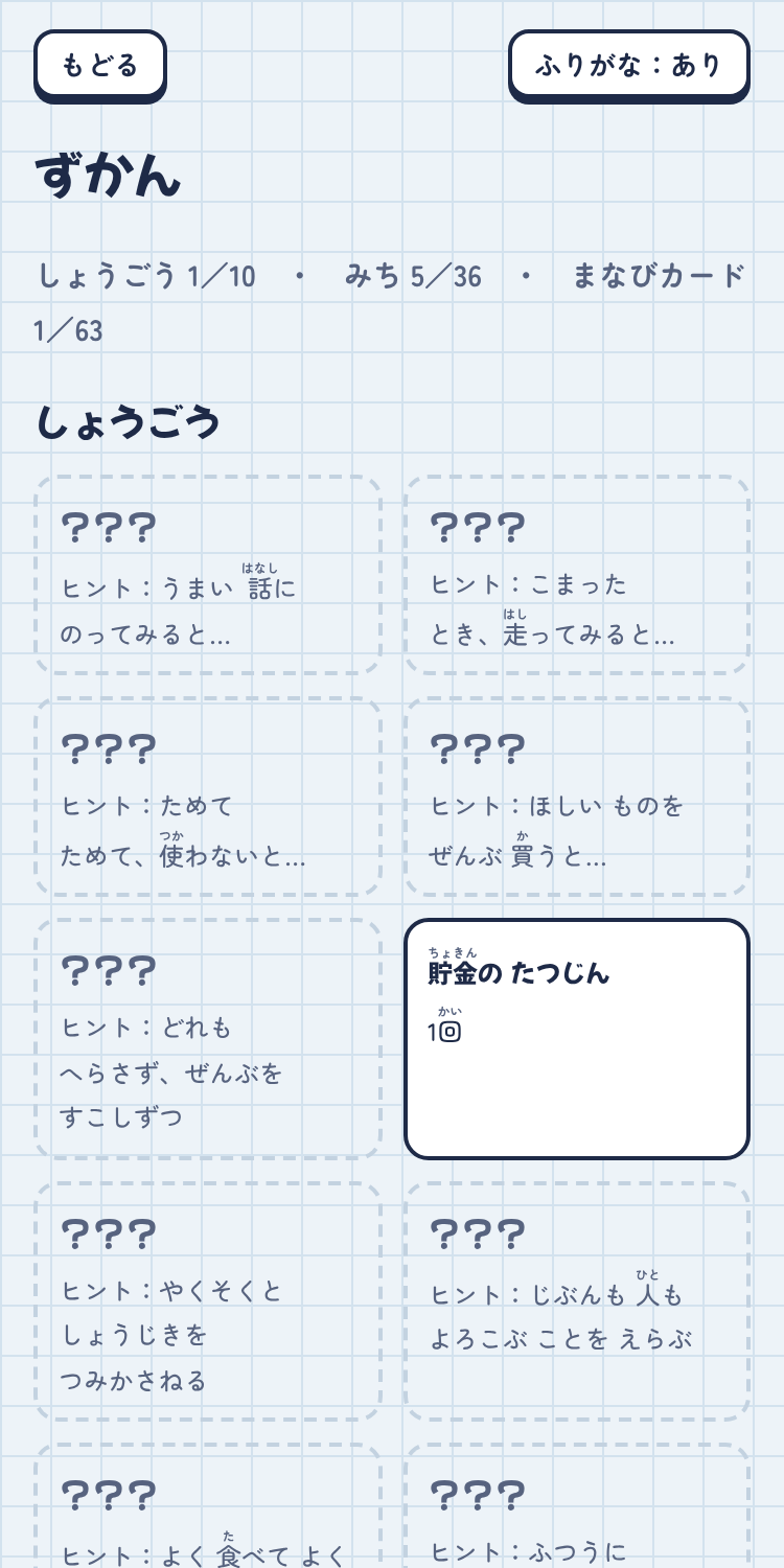 ずかん画面。もらった称号と、まだ見つけていない称号のヒント